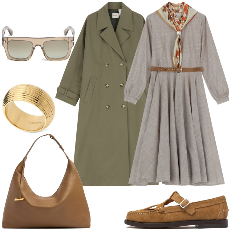 Outfit donna - Trench e abito. Stile Casual chic per Tutti i giorni. Abbinamento con trench, vestiti midi/longuette, mocassini, occhiali da sole, anelli, borse a spalla.
