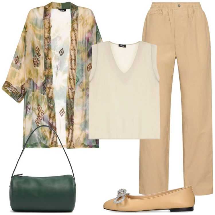Outfit donna - Caban fantasy. Stile Casual chic per Tutti i giorni. Abbinamento con top, trench, borse a spalla, pantaloni chino, ballerine.