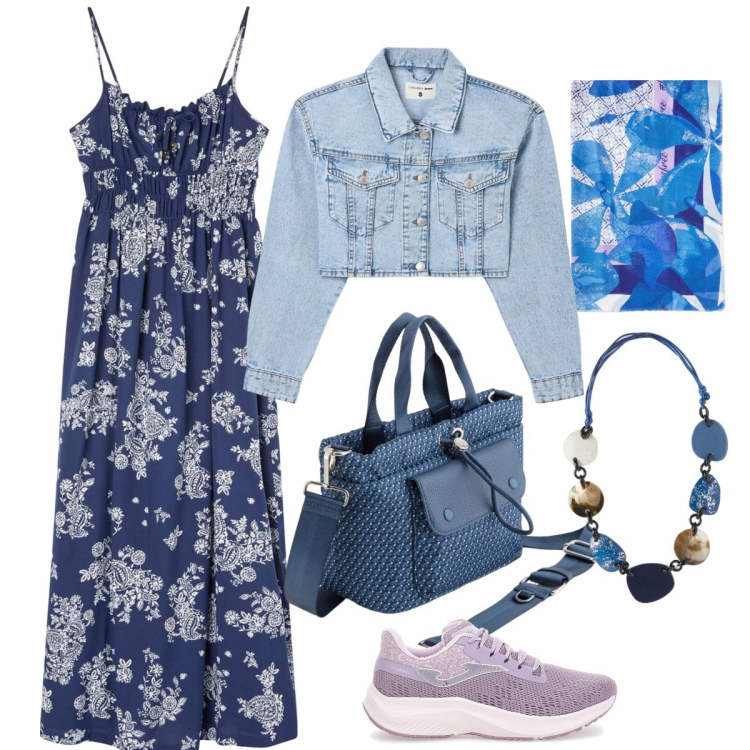 Outfit donna - Stampe floreali rivisitate - curvy. Stile Boho per Tutti i giorni. Abbinamento con blazer, vestiti lunghi, stole, sneakers, borse a mano, collane.