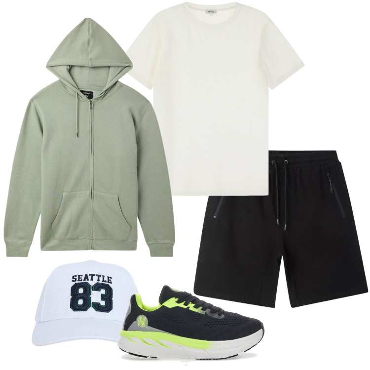 Outfit uomo - Molto ginnico. Stile Urban per Sport. Abbinamento con felpe con cappuccio, cappelli, bermuda, t-shirt, sneakers.