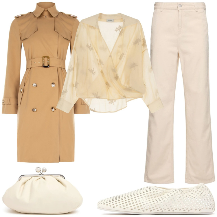 Outfit donna - Trench e ballerine. Stile Casual chic per Tutti i giorni. Abbinamento con bluse, trench, jeans dritti, pochette, ballerine.