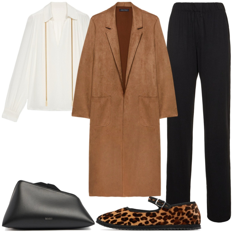 Outfit donna - Look da sera casual. Stile Casual chic per Serata fuori. Abbinamento con trench, pochette, pantaloni, ballerine, bluse.