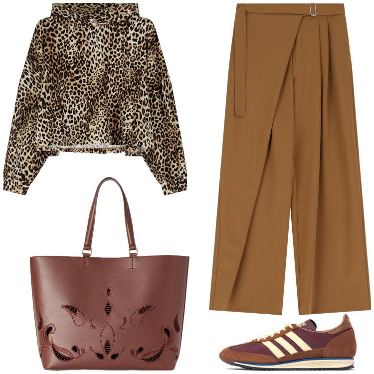 Outfit donna - Felpa animalier. Stile Sporty chic per Tutti i giorni. Abbinamento con pantaloni a palazzo, felpe con cappuccio, sneakers, shopping bag.
