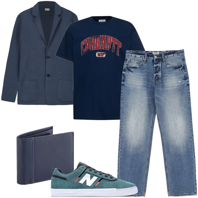 Outfit uomo - Urban in ufficio. Stile Urban per Ufficio. Abbinamento con sneakers, jeans, t-shirt, portafogli, cardigans.