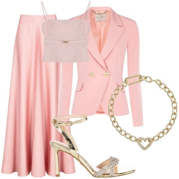 Outfit donna - total pink. Stile Romantica per Cerimonia. Abbinamento con braccialetti, gonne, blazer, sandali col tacco, top.