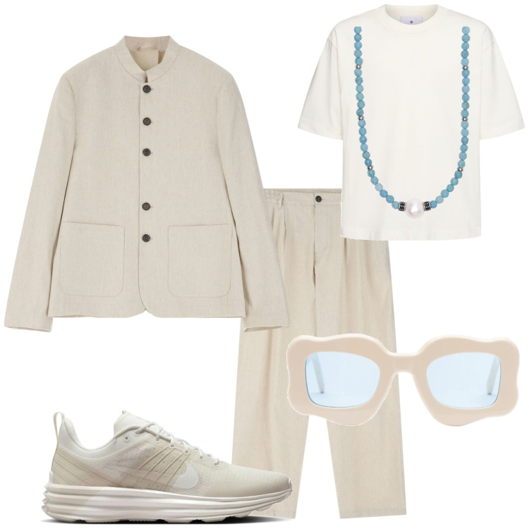 Outfit uomo - Total look #2097857. Stile Trendy per Tutti i giorni. Abbinamento con collane, pantaloni, giacche, occhiali da sole, sneakers, t-shirt.