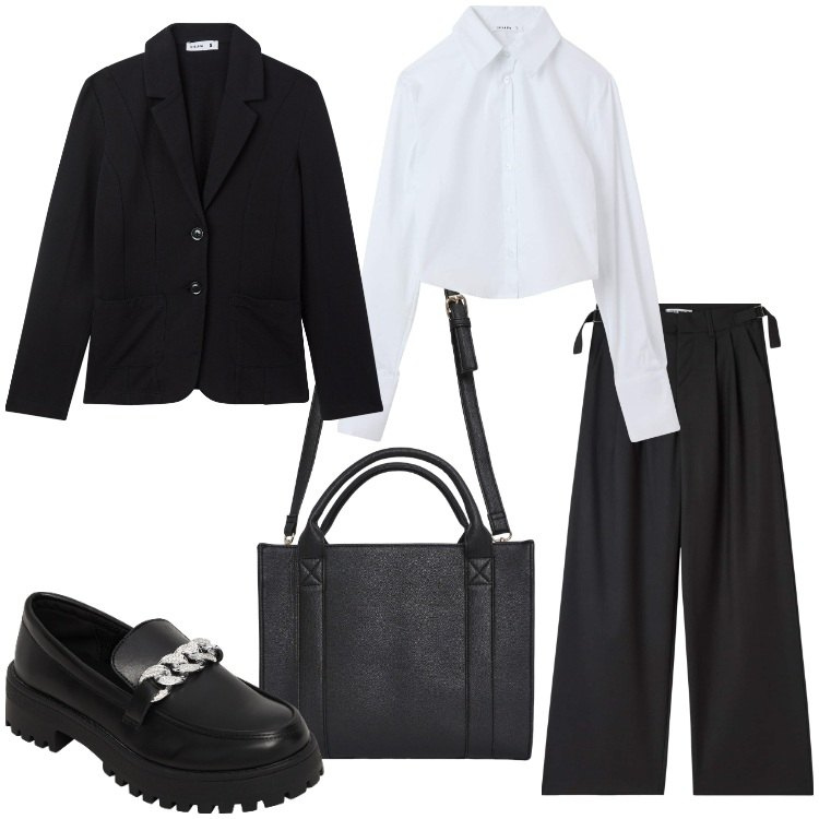 Outfit donna - Tailleur nero in ufficio. Stile Mannish per Ufficio. Abbinamento con borse tote, camicie, pantaloni, blazer, mocassini.