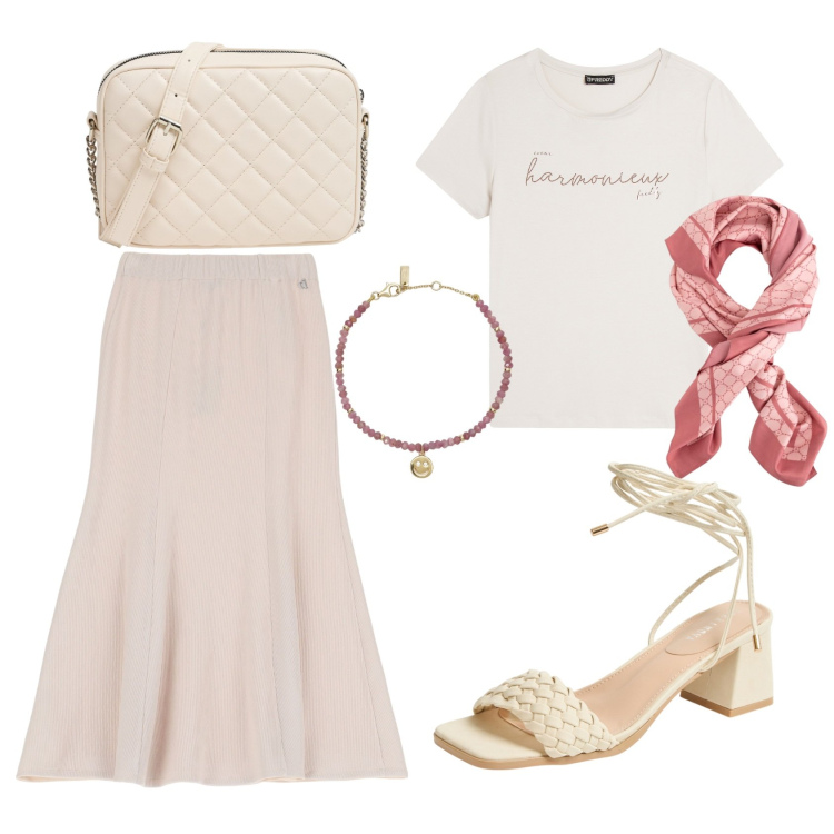 Outfit donna - Primavera in rosa. Stile Minimal per Tutti i giorni. Abbinamento con sandali alla schiava, borse a tracolla, braccialetti, t-shirt, gonne lunghe, foulard.