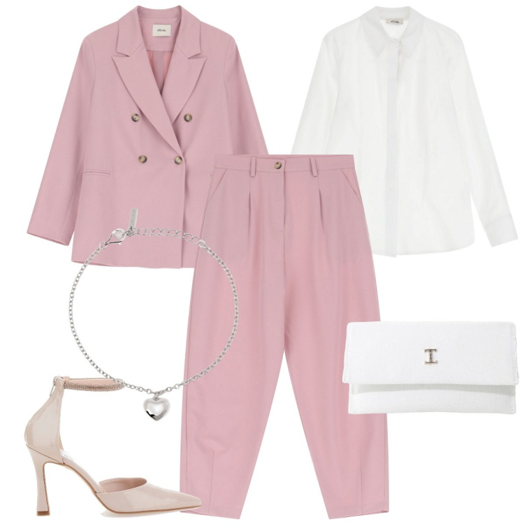 Outfit donna - Tailleur sartoriale per curve eleganti. Stile Chic per Cerimonia. Abbinamento con braccialetti con ciondoli, borse a tracolla, pantaloni, blazer, camicie, décolleté.