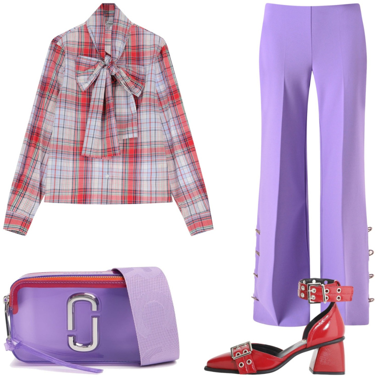 Outfit donna - Rosso e viola. Stile Glamour per Tutti i giorni. Abbinamento con pantaloni a palazzo, camicie, décolleté, borse a spalla.