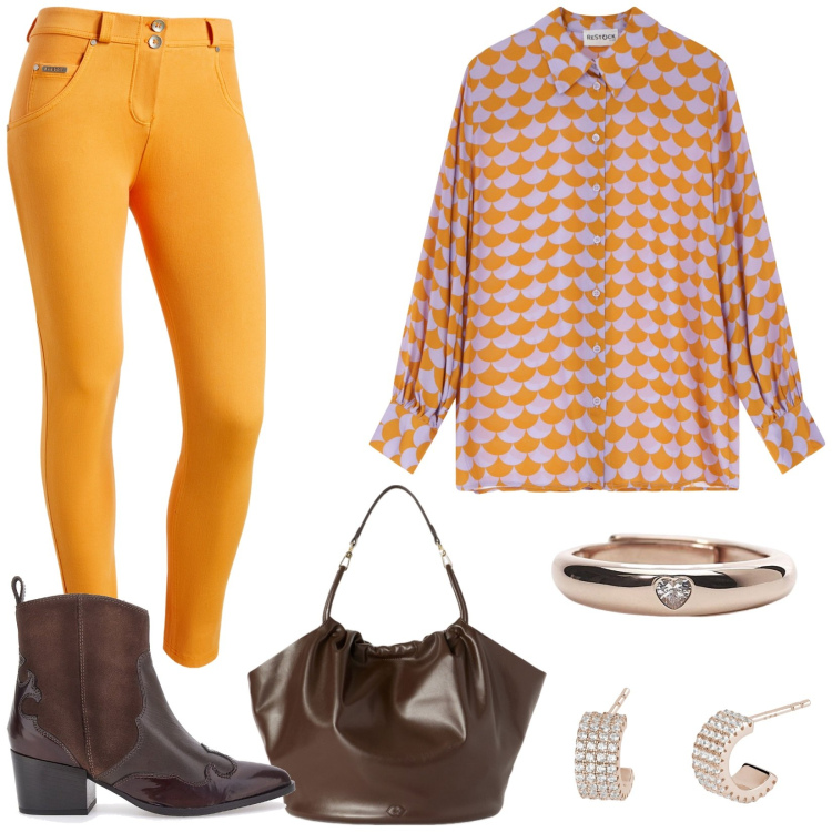 Outfit donna - Grintosa. Stile Rock per Tutti i giorni. Abbinamento con orecchini, anelli, pantaloni skinny, camicie, stivaletti texani, borse a secchiello.