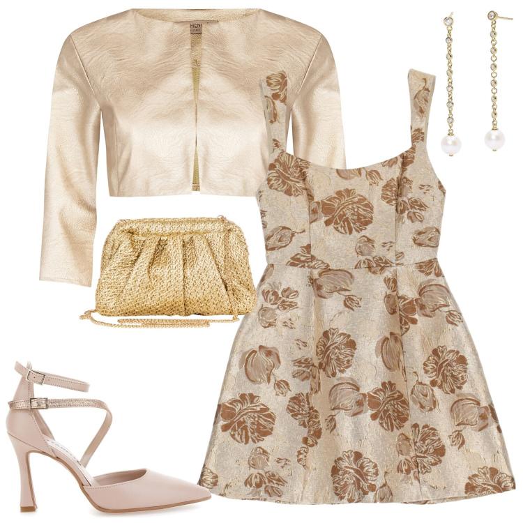Outfit donna - Stampe floreali. Stile Chic per Cerimonia. Abbinamento con orecchini, bolero, clutch, vestiti corti, décolleté.