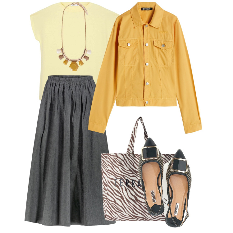 Outfit donna - Giallo burro - @pamela. Stile Bon Ton per Tutti i giorni. Abbinamento con t-shirt, borse tote, blazer, ballerine, gonne, collane.