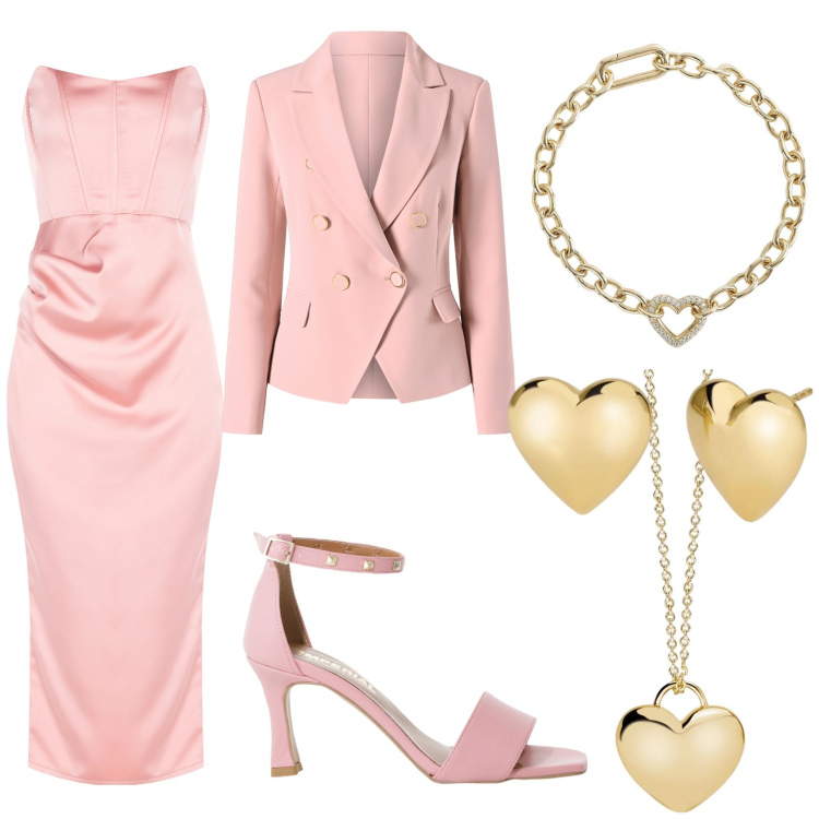 Outfit donna - Rosa pastello. Stile Chic per Serata fuori. Abbinamento con sandali col tacco, collane, orecchini, braccialetti, vestiti midi/longuette, blazer.