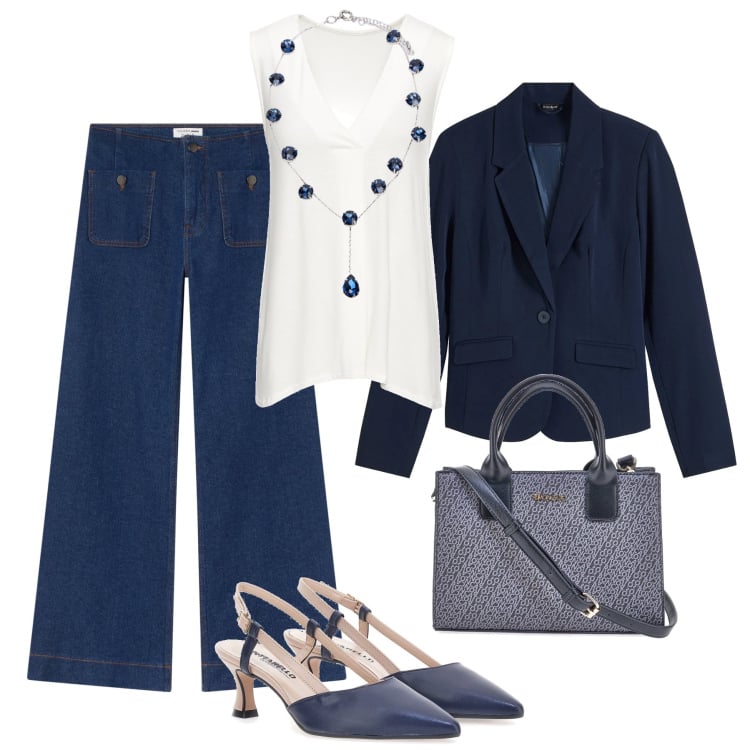 Outfit donna - Punti luce blu H24 - @danipoetessa73. Stile Casual chic per Tutti i giorni. Abbinamento con top, blazer, jeans, décolleté, borse a tracolla, collane.