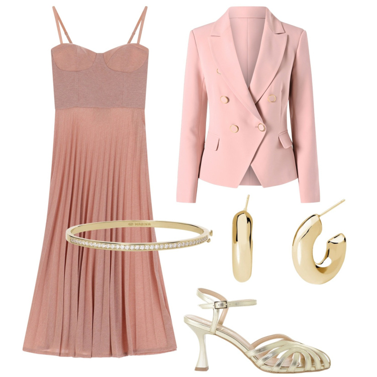 Outfit donna - Cerimonia in rosa. Stile Chic per Cerimonia. Abbinamento con braccialetti, orecchini, blazer, vestiti midi/longuette, sandali col tacco.