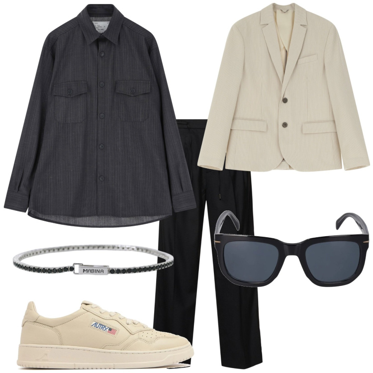 Outfit uomo - Camicia texturizzata. Stile Trendy per Tutti i giorni. Abbinamento con braccialetti, giacche, camicie, occhiali da sole, sneakers, pantaloni.