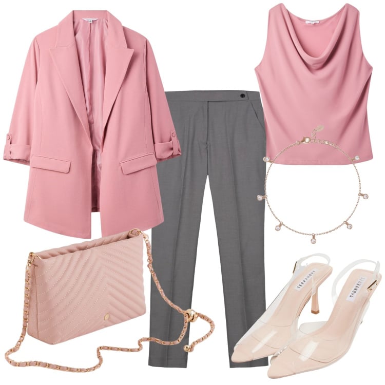 Outfit donna - Voglia di dolcezza. Stile Romantica per Ufficio. Abbinamento con braccialetti, canottiere, sandali col tacco, blazer, pantaloni, borse a tracolla.