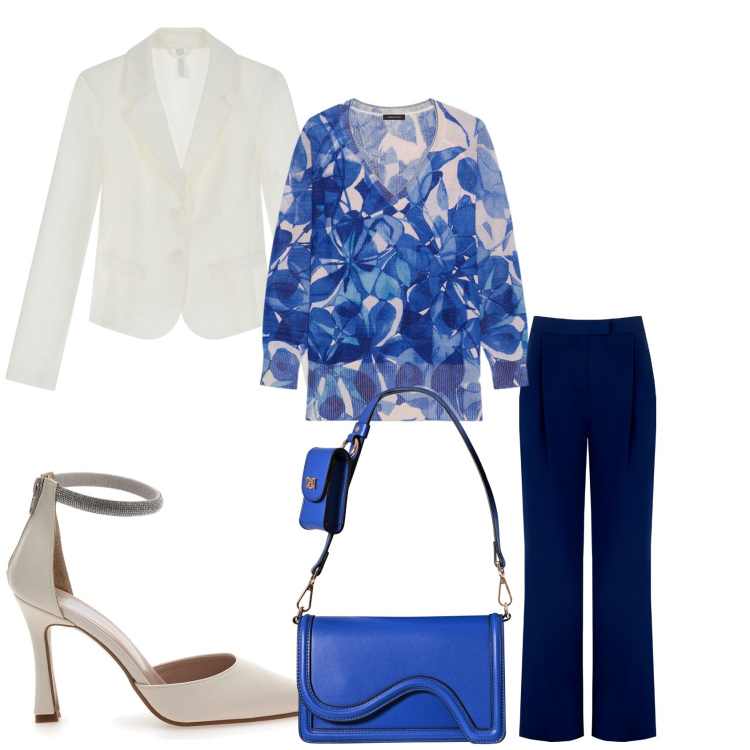 Outfit donna - Blu e Rinascimento. Stile Casual chic per Tutti i giorni. Abbinamento con pantaloni, pochette, blazer, maglieria, décolleté.