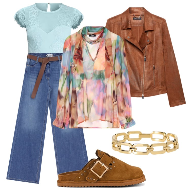 Outfit donna - Floreale boho in città. Stile Boho per Tutti i giorni. Abbinamento con braccialetti, body, jeans, camicie, blazer, sabot.