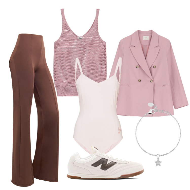 Outfit donna - Sporty in rosa. Stile Sporty chic per Tutti i giorni. Abbinamento con braccialetti con ciondoli, sneakers, canottiere, pantaloni skinny, body, blazer.