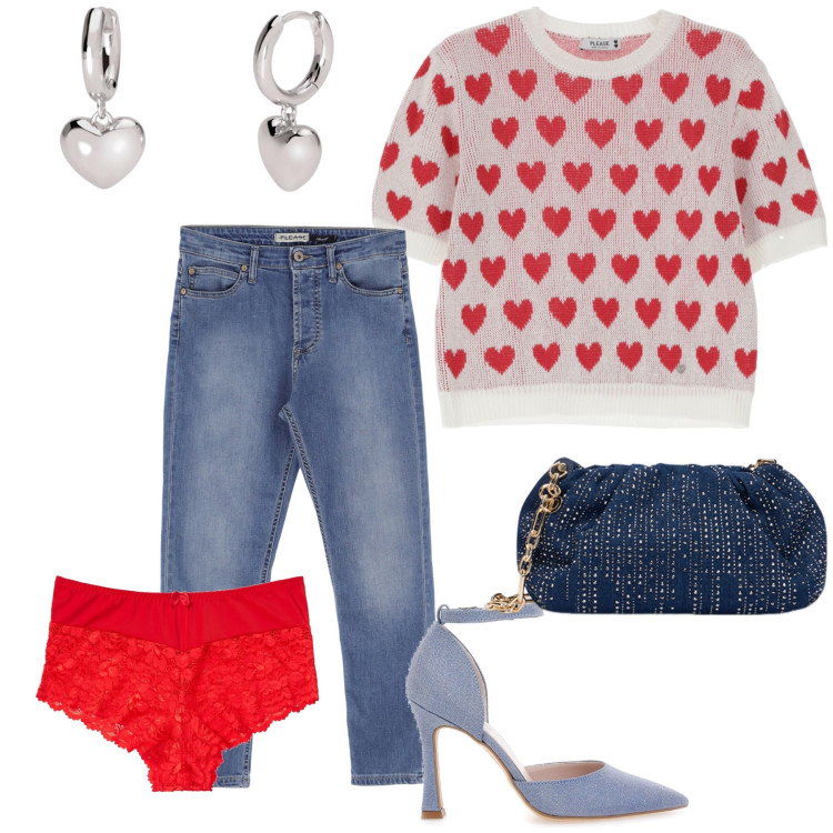 Outfit donna - Hearts. Stile Glamour per Serata fuori. Abbinamento con culotte, orecchini, maglieria, jeans, décolleté, clutch.