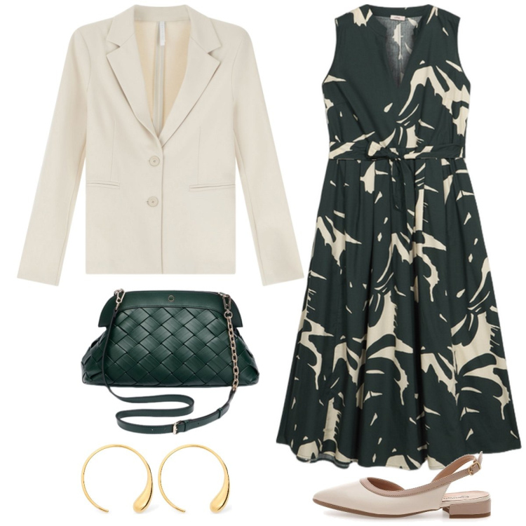Outfit donna - Pomeriggio di primavera. Stile Bon Ton per Tutti i giorni. Abbinamento con blazer, ballerine, vestiti lunghi, orecchini, clutch.