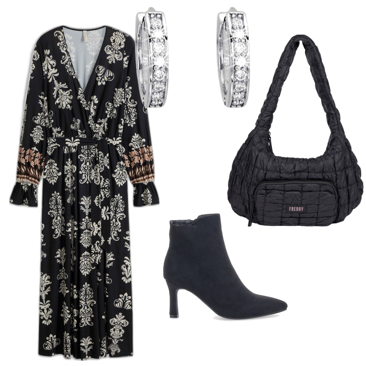 Outfit donna - Abito boho in sconto. Stile Boho per Serata fuori. Abbinamento con vestiti midi/longuette, orecchini, borse a spalla, stivaletti.