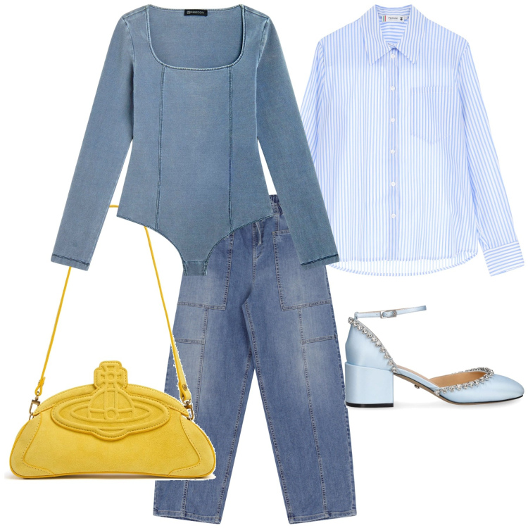 Outfit donna - Il giallo sull azzurro. Stile Trendy per Serata fuori. Abbinamento con jeans, camicie, body, clutch, décolleté.
