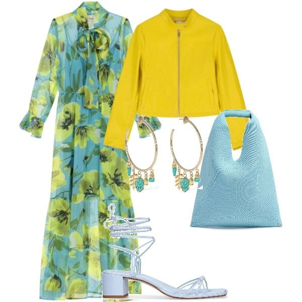 Outfit donna - Colori e fiori ed è subito primavera... Stile Glamour per Serata fuori. Abbinamento con giacche, vestiti lunghi, orecchini, sandali in pelle, borse a mano.