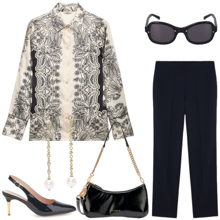 Outfit donna - Seta. Stile Chic per Tutti i giorni. Abbinamento con orecchini, décolleté, occhiali da sole, borse a tracolla, camicie, pantaloni.