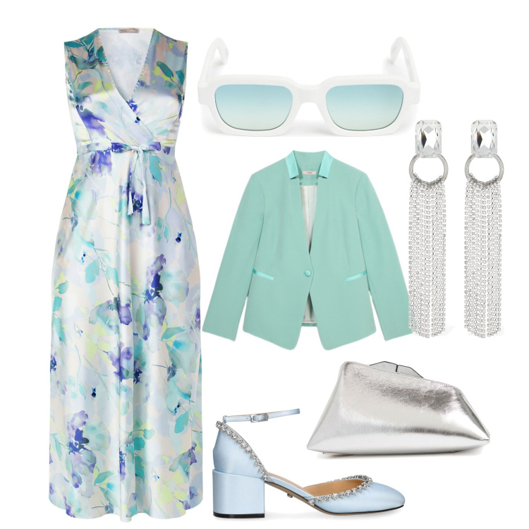 Outfit donna - Cerimonia soft. Stile Romantica per Cerimonia. Abbinamento con vestiti lunghi, pochette, orecchini, occhiali da sole, décolleté, blazer.