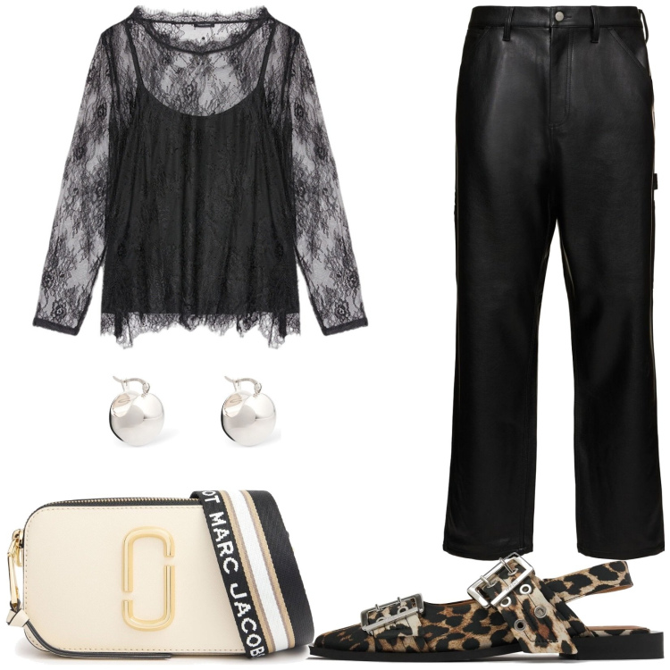 Outfit donna - Mix di stili. Stile Glamour per Tutti i giorni. Abbinamento con t-shirt, borse a spalla, ballerine, orecchini, pantaloni.
