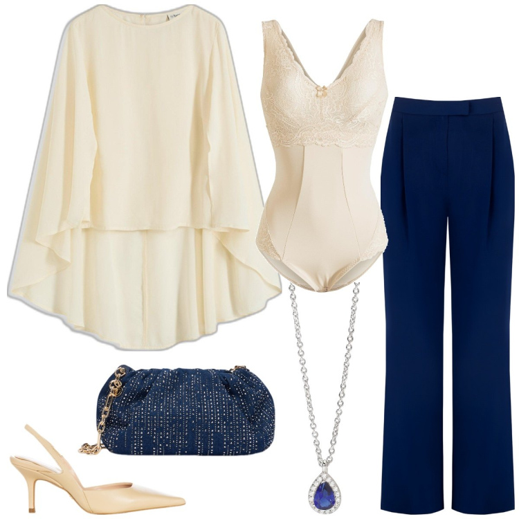 Outfit donna - Cerimonia. Stile Chic per Cerimonia. Abbinamento con body, bluse, collane, pantaloni, décolleté, clutch.