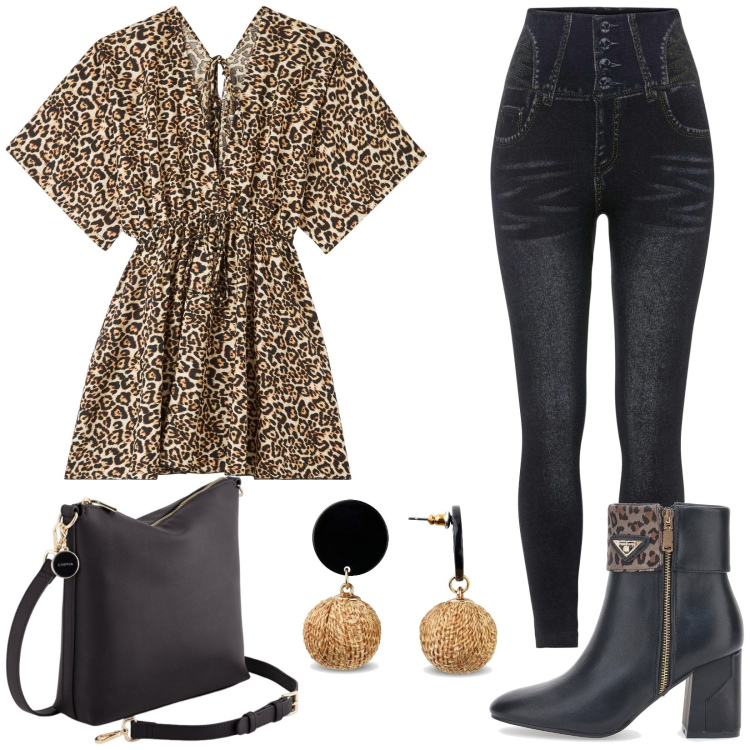Outfit donna - Maculato. Stile Glamour per Serata fuori. Abbinamento con orecchini, jeggings, caftani, stivaletti, borse a tracolla.
