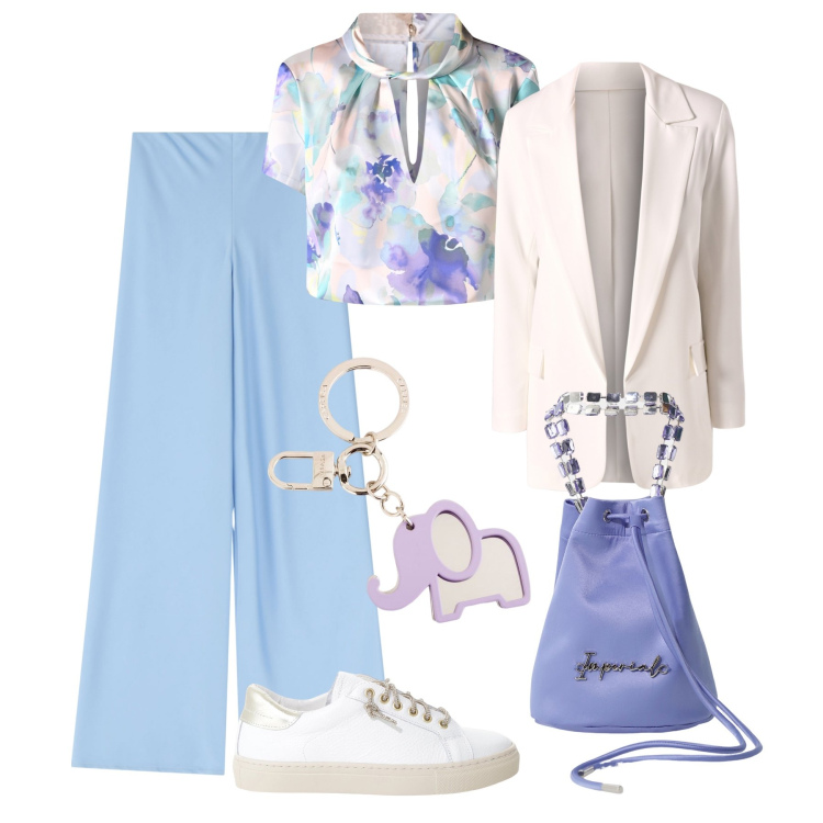 Outfit donna - Fiori delicati, satin e sneakers. Stile Casual chic per Ufficio. Abbinamento con borse a secchiello, sneakers, pantaloni, bluse, blazer, portachiavi.