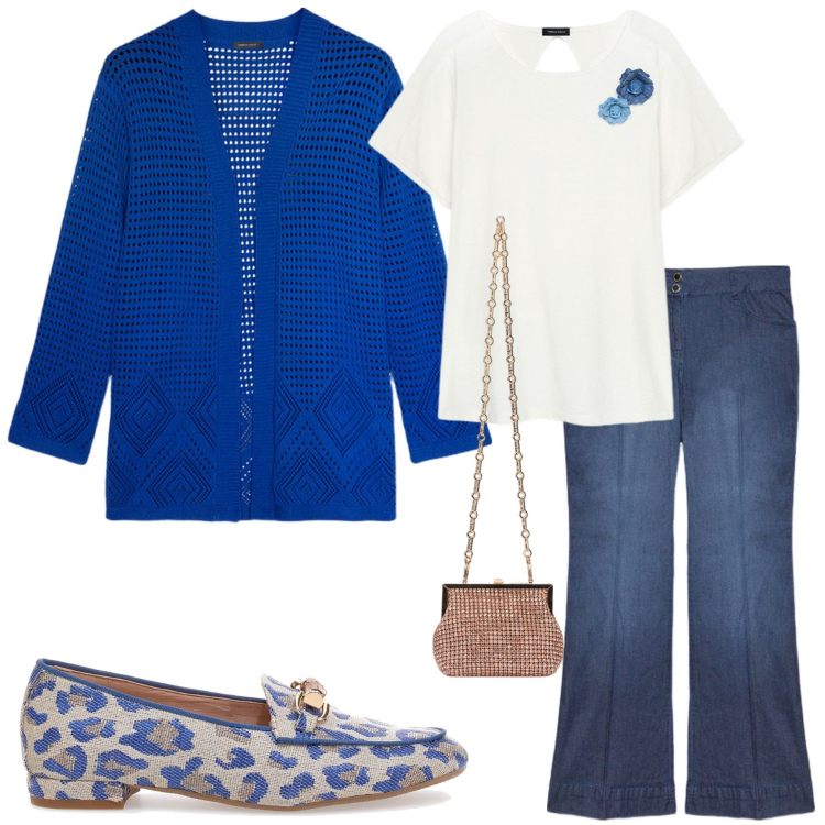 Outfit donna - Benvenuta primavera. Stile Urban per Tutti i giorni. Abbinamento con mocassini, cardigans, t-shirt, jeans, clutch.