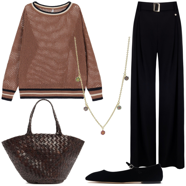 Outfit donna - In ufficio. Stile Casual per Tutti i giorni. Abbinamento con pullovers, ciondoli, pantaloni, shopping bag, ballerine.