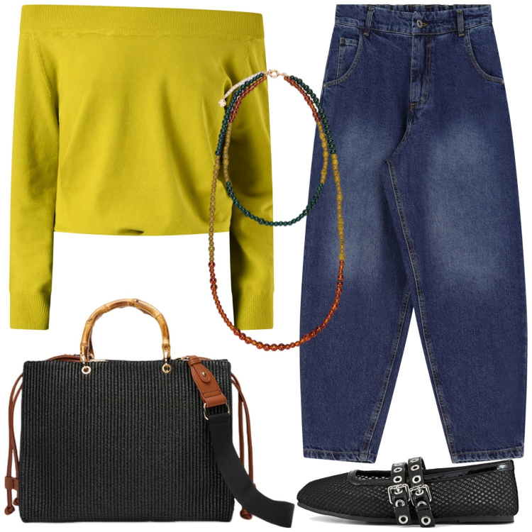 Outfit donna - Un caffè al volo. Stile Casual per Tutti i giorni. look ideale per Petite. Abbinamento con maglieria, jeans, ballerine, borse a mano, ciondoli.