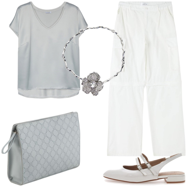Outfit donna - Look Easy da giorno. Stile Casual per Tutti i giorni. Abbinamento con pantaloni cargo, collane, ballerine, t-shirt, valigie.