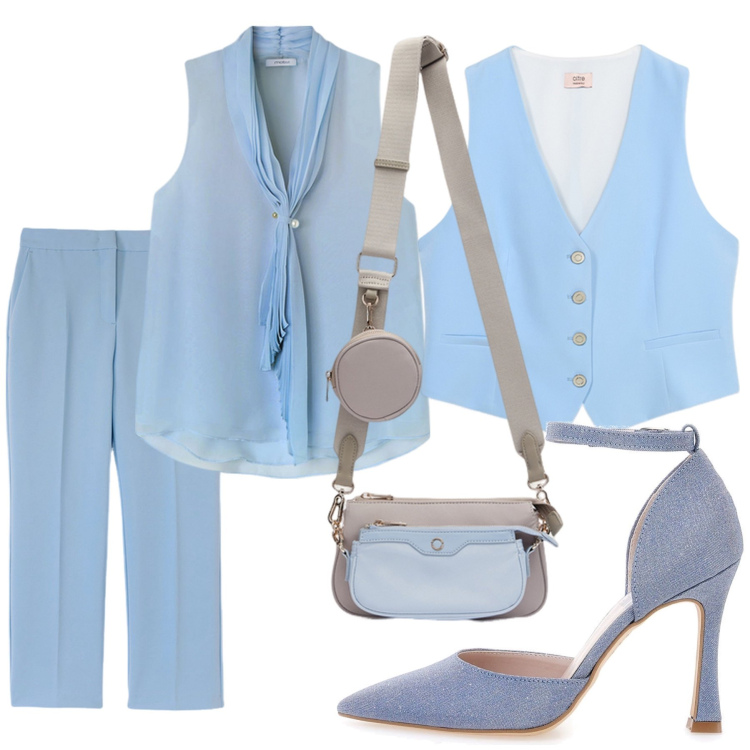 Outfit donna - Total look #2097958. Stile Trendy per Ufficio. Abbinamento con décolleté, bluse, pantaloni, borse a tracolla, gilet.