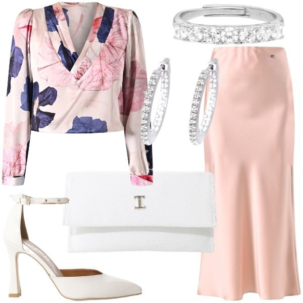 Outfit donna - Rosa Pastello. Stile Chic per Cerimonia. Abbinamento con anelli, orecchini, gonne, bluse, décolleté, borse a tracolla.