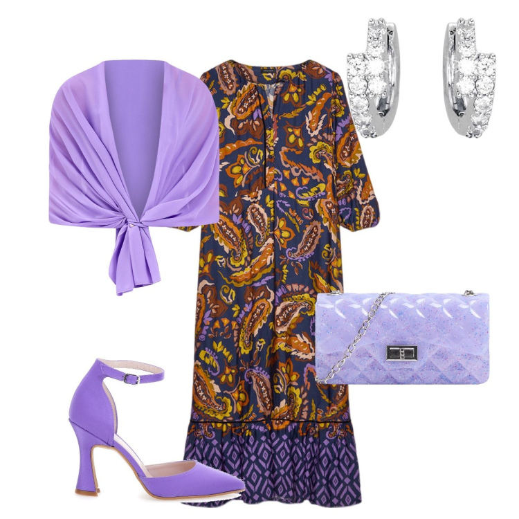 Outfit donna - Accessori viola. Stile Glamour per Serata fuori. Abbinamento con borse a tracolla, orecchini, scialli, décolleté, vestiti lunghi.