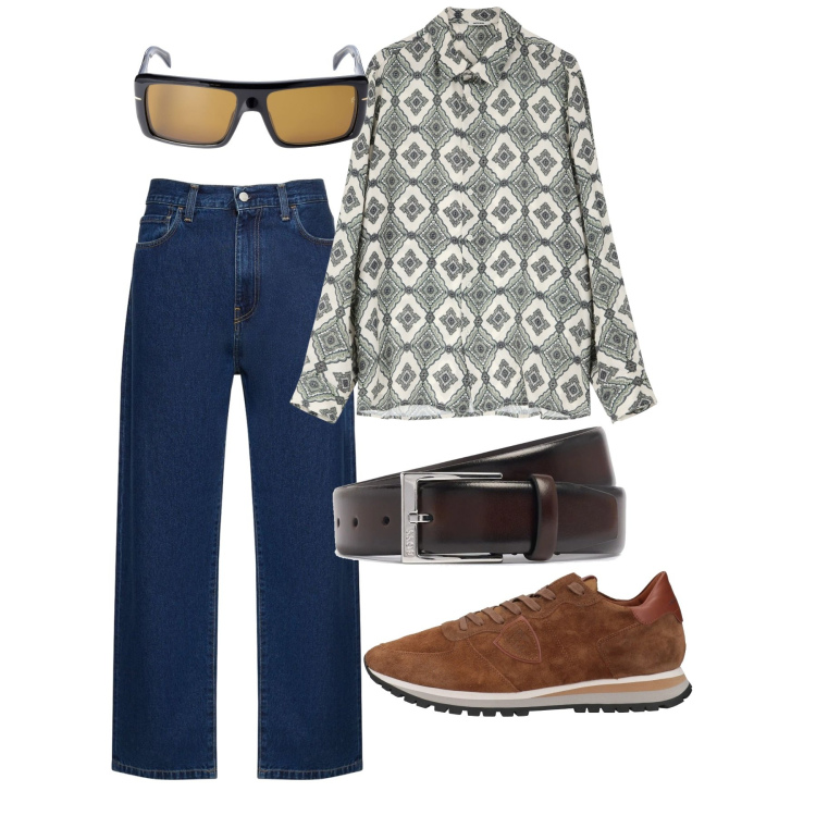 Outfit uomo - Aprile. Stile Casual per Tutti i giorni. Abbinamento con sneakers, camicie, pantaloni, occhiali da sole, cinture.