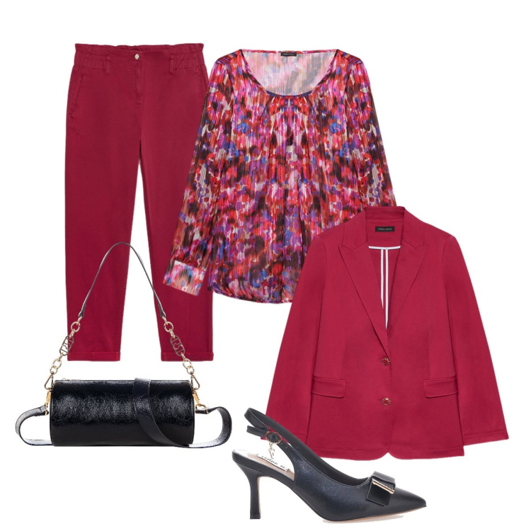 Outfit donna - Il tailleur rosso granata. Stile Chic per Tutti i giorni. Abbinamento con borse a mano, blazer, bluse, décolleté, pantaloni.