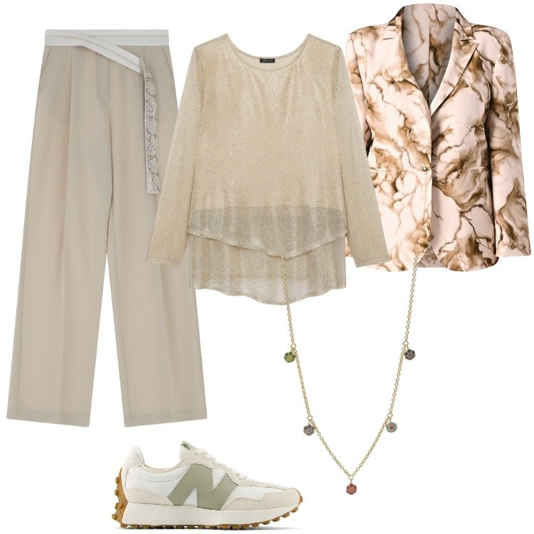 Outfit donna - Giacca curvy marmorizzata. Stile Minimal per Tutti i giorni. Abbinamento con ciondoli, sneakers, blazer, pantaloni, t-shirt.