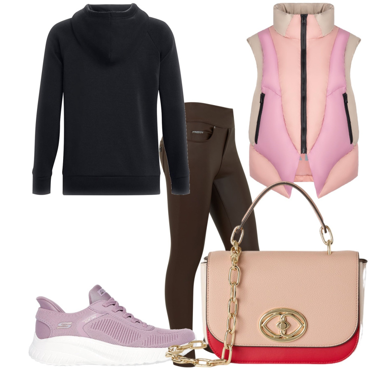 Outfit donna - Total look. Stile Trendy per Tutti i giorni. Abbinamento con jeans skinny, piumini, felpe con cappuccio, sneakers, borse a tracolla.