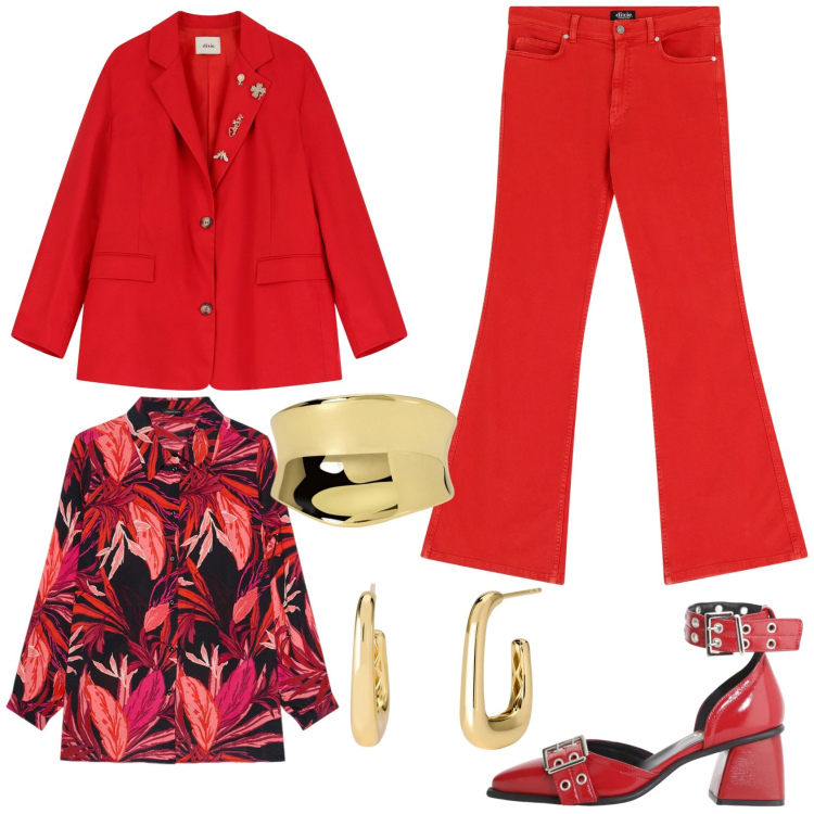Outfit donna - Rosso!. Stile Casual chic per Ufficio. Abbinamento con orecchini, anelli, pantaloni, décolleté, blazer, camicie.