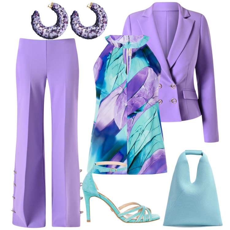 Outfit donna - ...e i fiori di lillà. Stile Glamour per Tutti i giorni. Abbinamento con sandali col tacco, pantaloni a palazzo, top, blazer, orecchini, borse a mano.