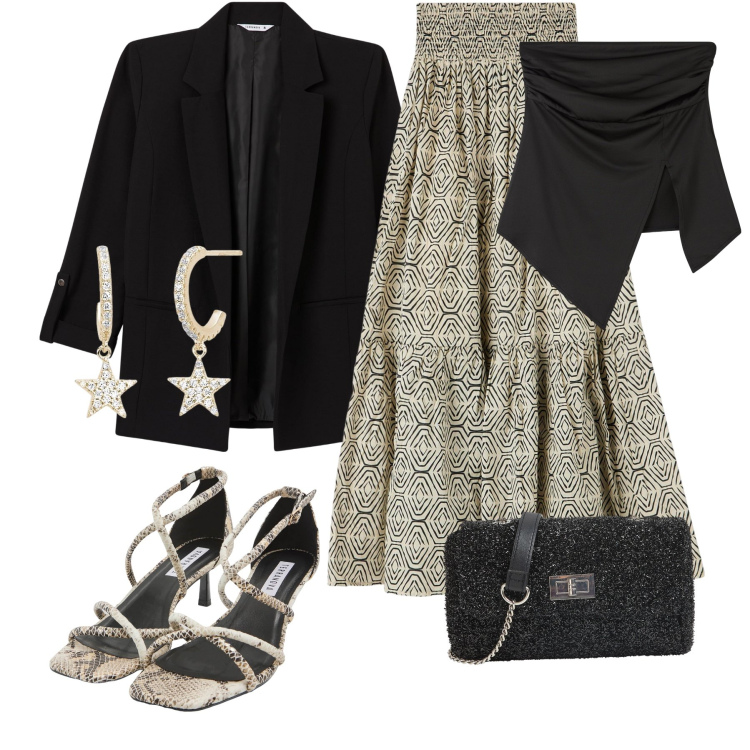 Outfit donna - Spagnoleggiante. Stile Casual chic per Tutti i giorni. Abbinamento con top, sandali col tacco, gonne lunghe, borse a tracolla, blazer, orecchini.
